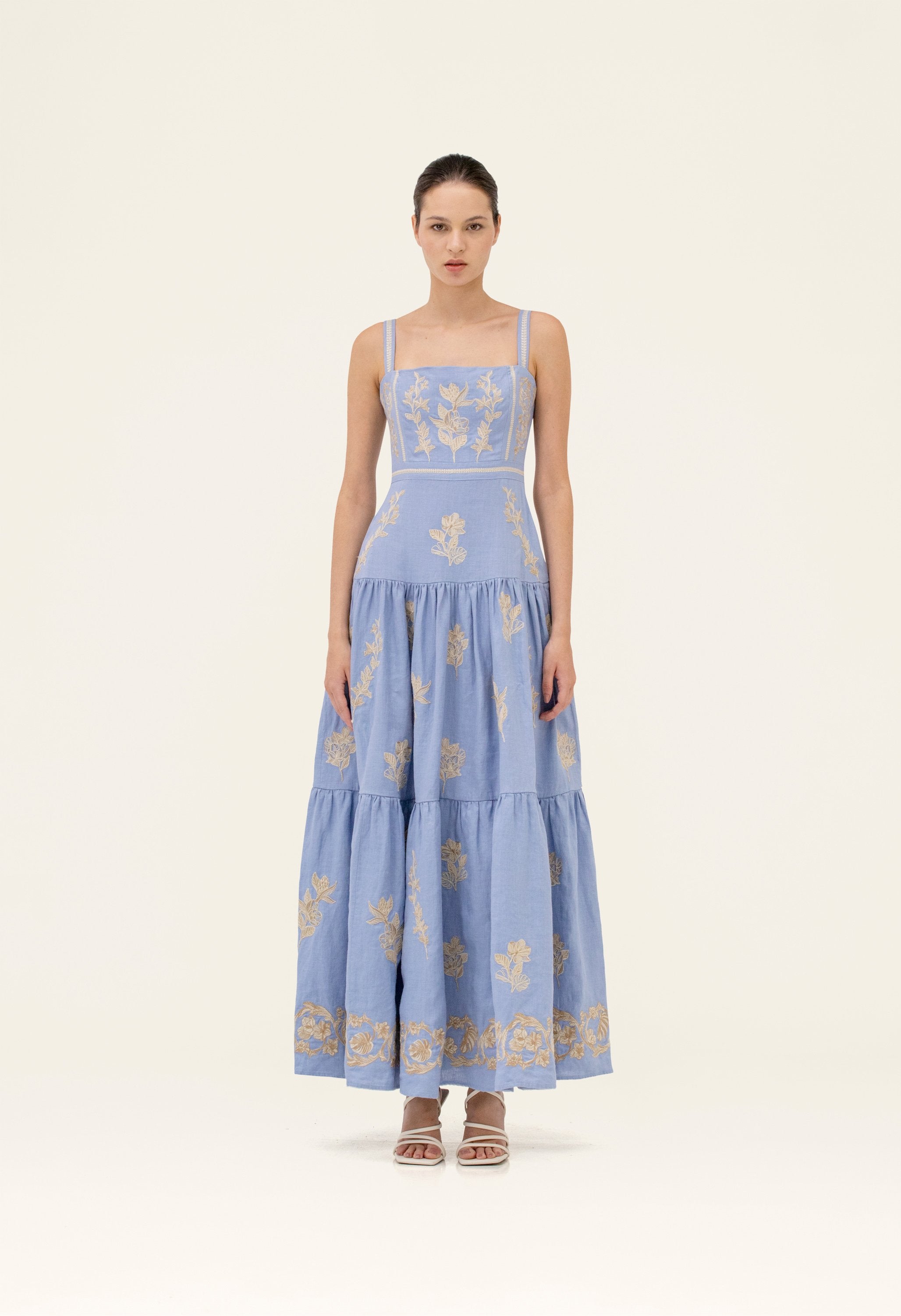 agua bendita dress blue Agua Bendita Barbara Floral Embroidered Linen Maxi Dress