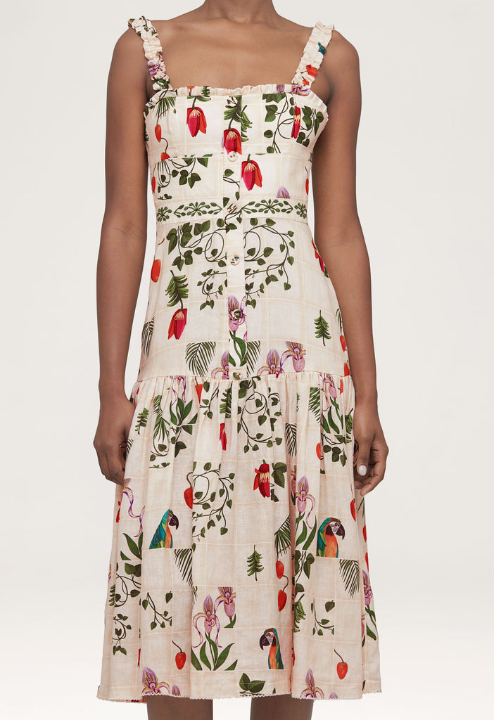 Nispero Bouquet Hand-Embroidered Linen Midi Dress